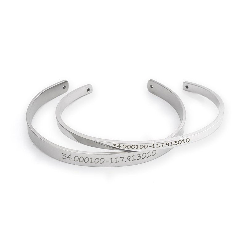 Personalized Couple's Engravable Coordinates Bracelets Set - Matching Silver, Gold or Rose Gold Bangles with Gift Box