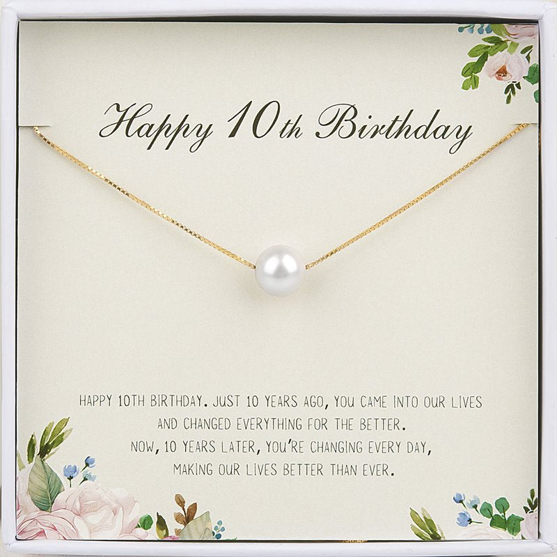 Birthday Pearl Necklace for Girls - 10th Birthday Gift, Multiple Color Options