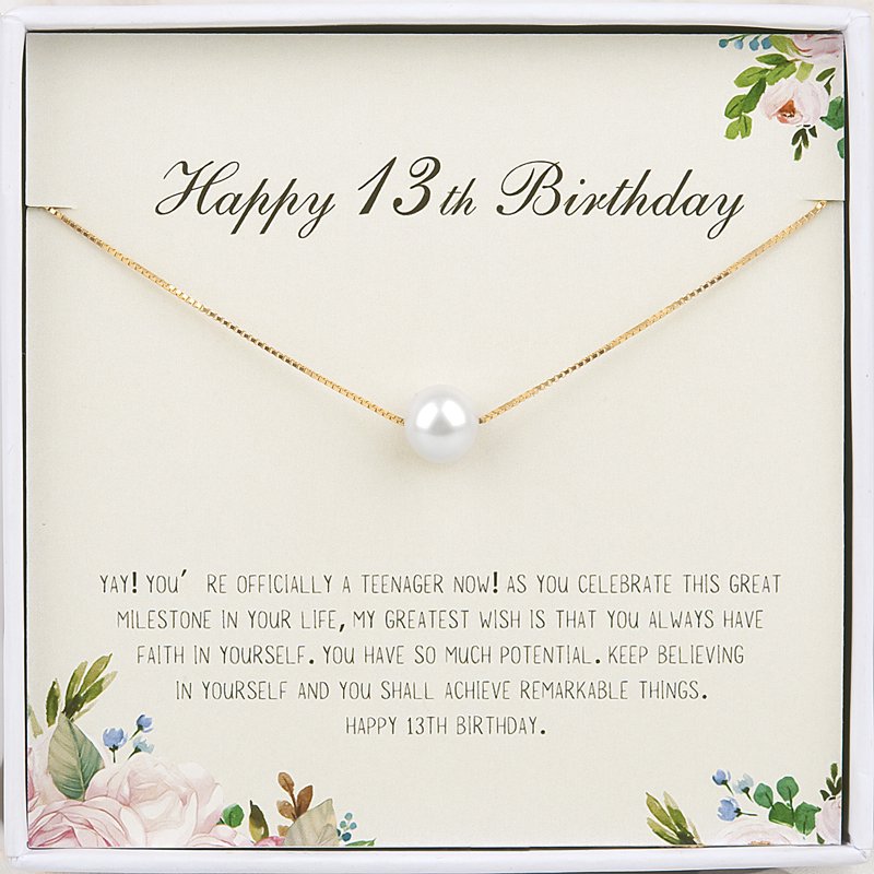 Birthday Pearl Necklace for Girls - 13th Birthday Gift with Card & Gift Box