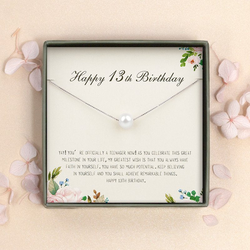 13th Birthday Pearl Necklace for Girls - Card Gift with Natural Pearl & Silver or Gold Chain