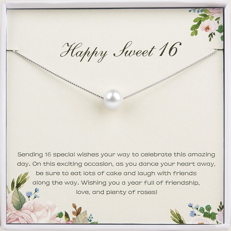 Pearl Necklace for Sweet 16 Birthday Gift for Daughter or Niece - Silver or Gold Chain Options