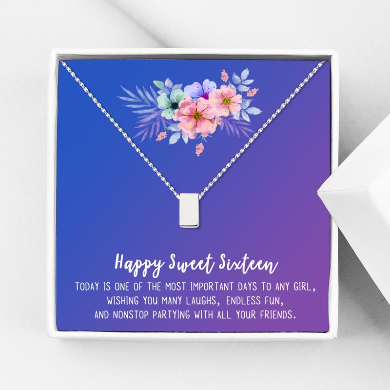 Sweet 16 Necklace for Girls - Birthday Gift with Cube Charm & Card