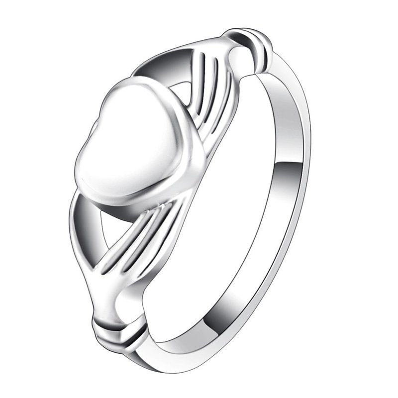 Heart in Hands Cremation Ring Silver Stainless Steel Memorial Keepsake - Size Options