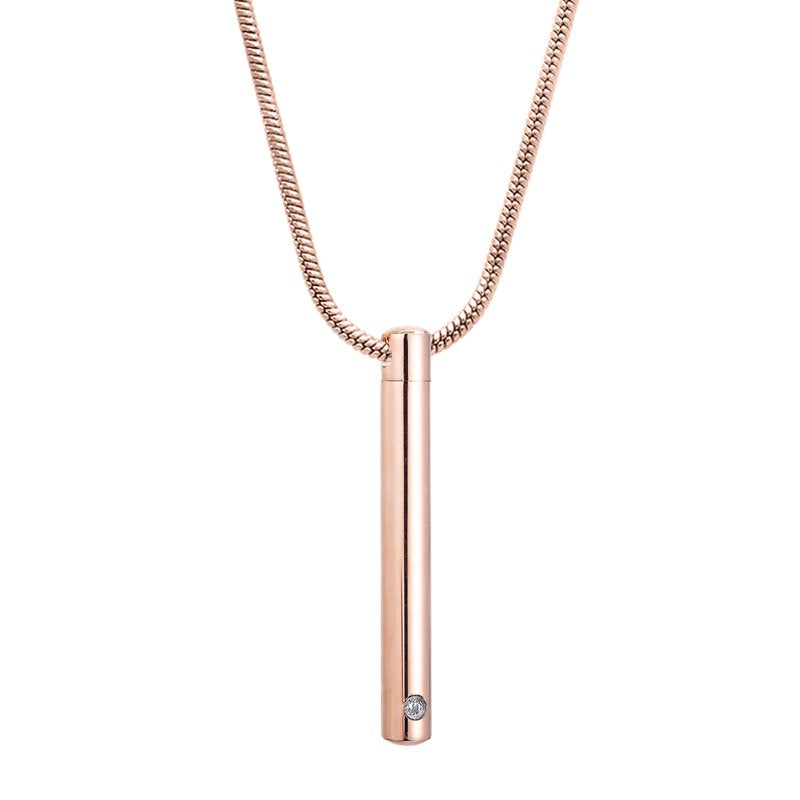 Long Bar Cylinder Cremation Jewelry Memorial Necklace Rose Gold & Silver
