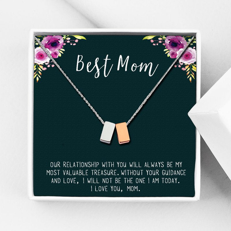 Mother Necklace with Double Cubes and Wish Card - Silver & Rose Gold Options