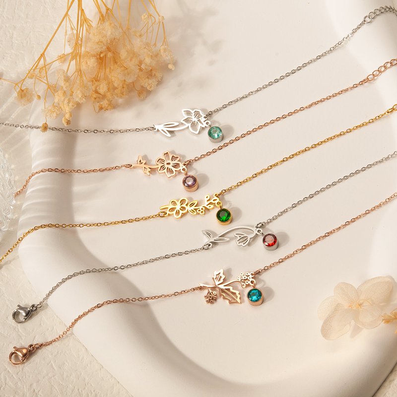 Personalized Birth Flower & Birthstone Bracelet for Women and Girls - Dainty Floral Jewelry