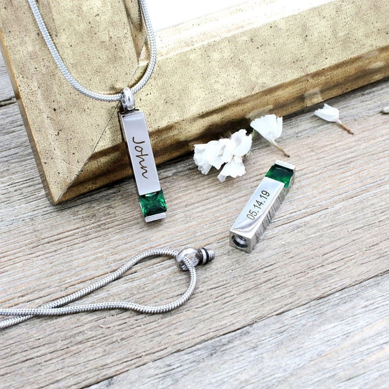Personalized Birthstone Cremation Necklace for Ashes Keepsake Memorial Pendant with Engraving Kit