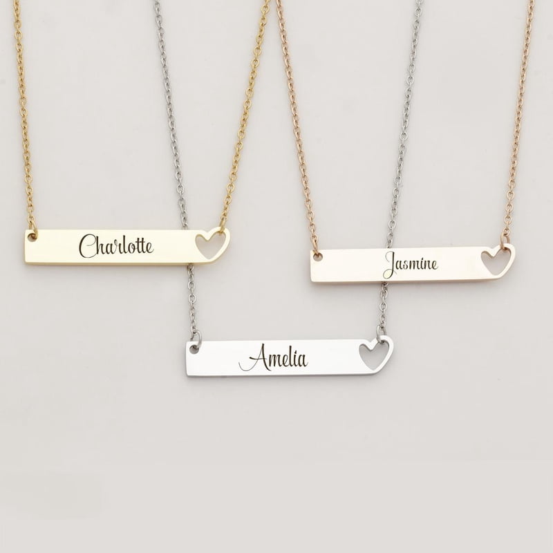 Personalized Heart Name Necklace Gift for Mom Women Engravable Bar Silver Gold Rose Gold