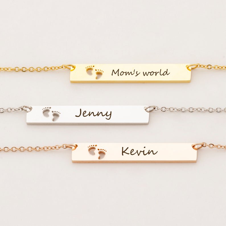 Personalized Silver Bar Necklace with Footprint Engraving - Custom Name Pendant for Mom & Newborn