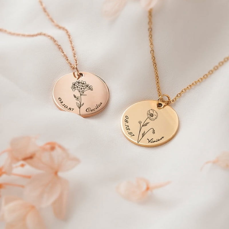 Personalized Birth Flower Necklace for Women - Engravable Charm in Silver, Gold, Rose Gold