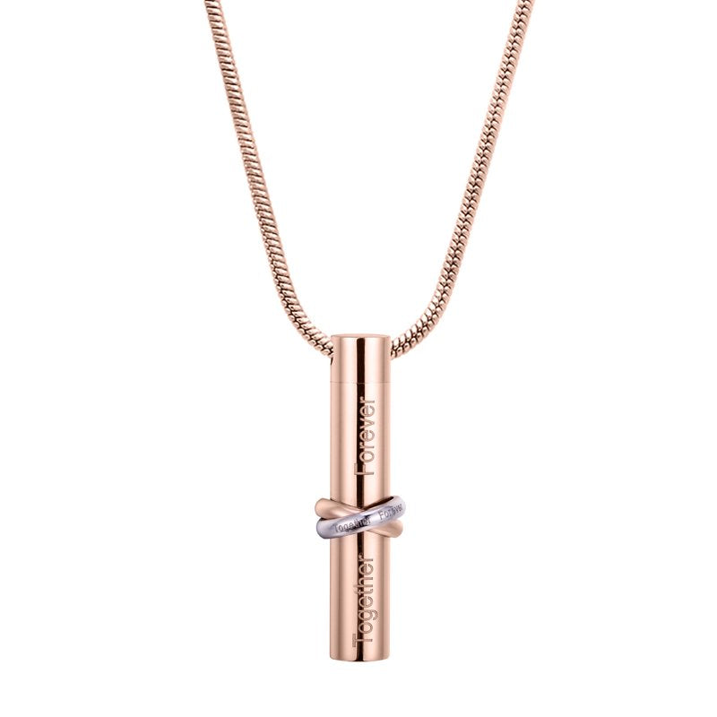 Rose Gold Memorial Necklace with Cylinder Ashes Container - Discreet Cremation Jewelry