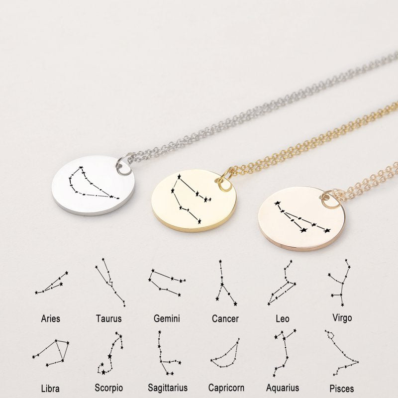 Gemini Zodiac Pendant Necklace - Stainless Steel Star Sign Jewelry with Gift Box