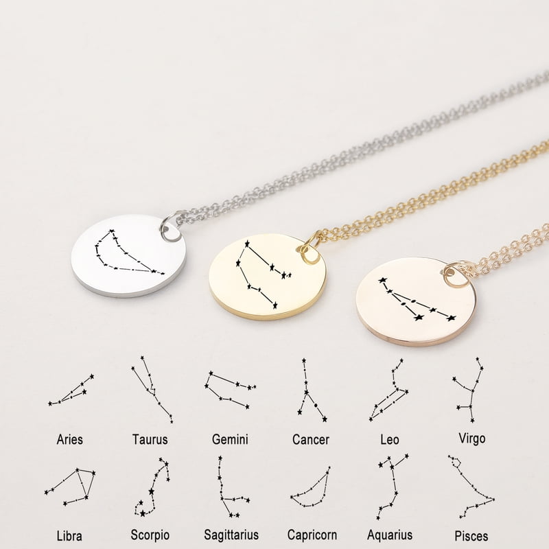 Zodiac Star Sign Pendant Necklace Stainless Steel with Gift Box