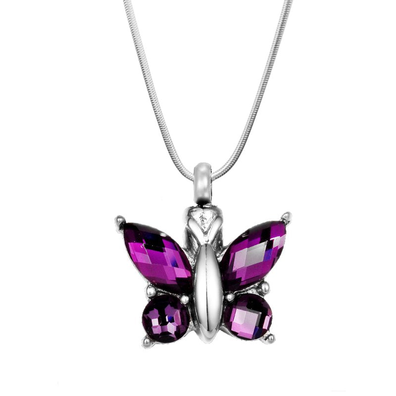 Purple Crystal Butterfly Cremation Necklace Keepsake Jewelry with Gift Box