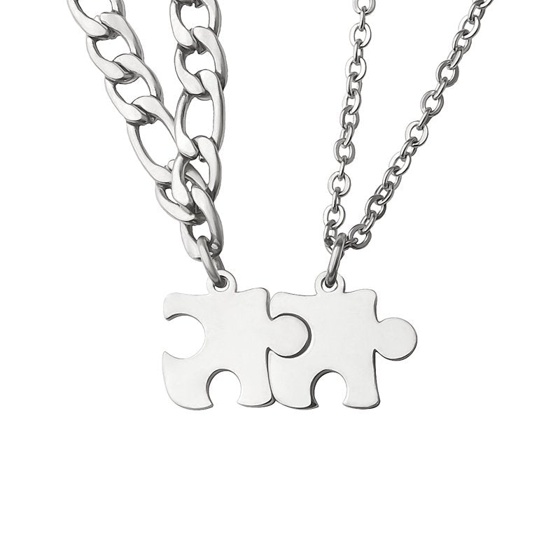 Tiny Puzzle Piece Couple Necklace Set - Anniversary Gift for Boyfriend & Best Friends - Stainless Steel Jewelry with Gift Box