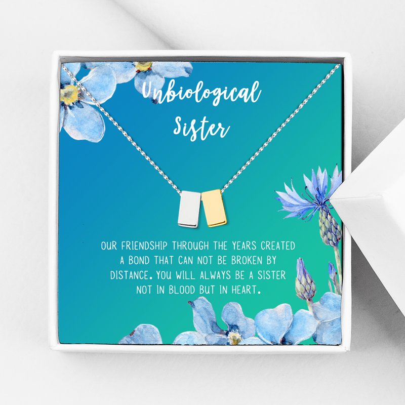 Unbiological Sister Gift Necklace - Soul Sister Card Jewelry for Best Friend, Silver & Gold Double Cube