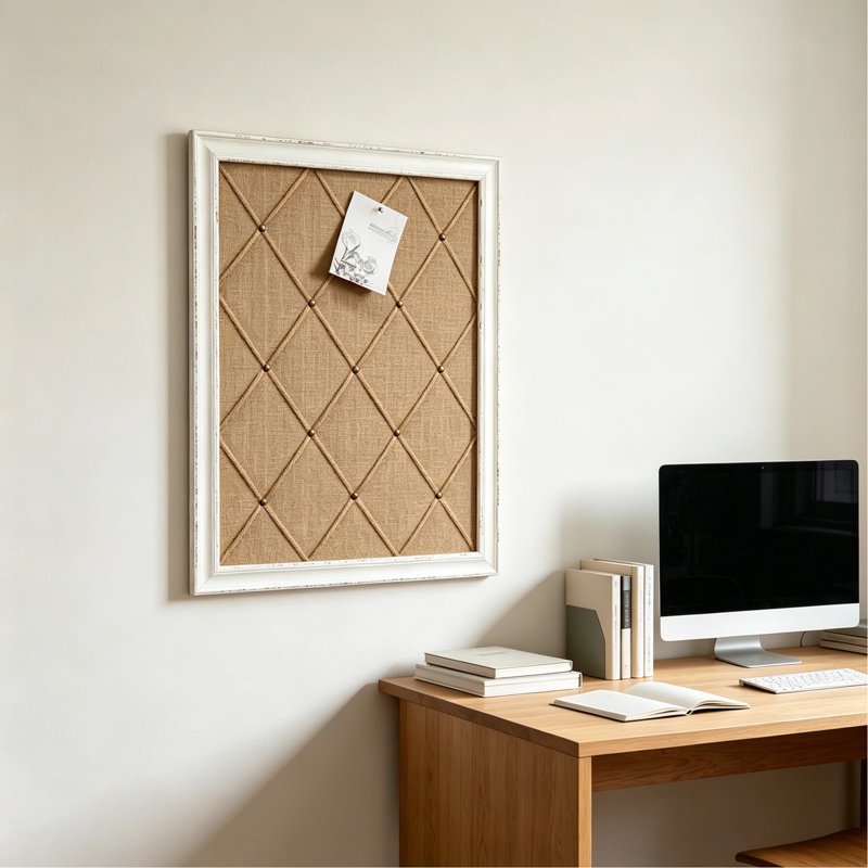 Antique White Linen Fabric Bulletin Board with Wooden Frame - Large Wall Memo & Message Board
