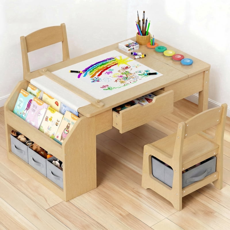 Kids Art Table and Chair Set with Convertible Easel, Storage & Paper Roll Holder