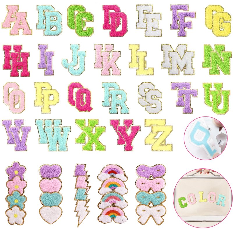 72-Piece Chenille Letter Patches Set with Heart, Lightning, Rainbow & Flower Designs for Clothing & Accessories