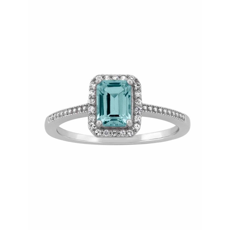 Aquamarine and CZ Sterling Silver Halo Ring - Emerald Cut, Multiple Sizes
