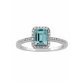 Aquamarine and CZ Sterling Silver Halo Ring - Emerald Cut, Multiple Sizes