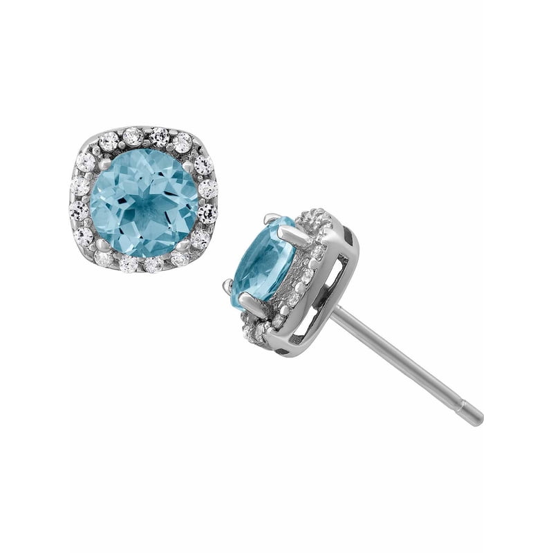 Aquamarine and White CZ Sterling Silver Round Halo Stud Earrings - 5mm
