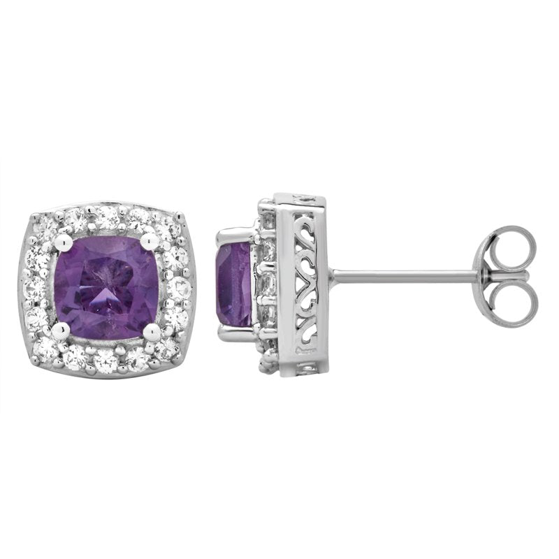 Sterling Silver Halo Stud Earrings with Amethyst and White Sapphire