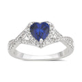 Blue Sapphire Heart Engagement Ring with White Sapphire Halo in Silver Overlay