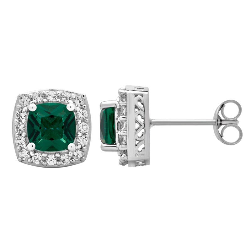 Silver Halo Stud Earrings with Emerald & White Sapphire | Gift Jewelry
