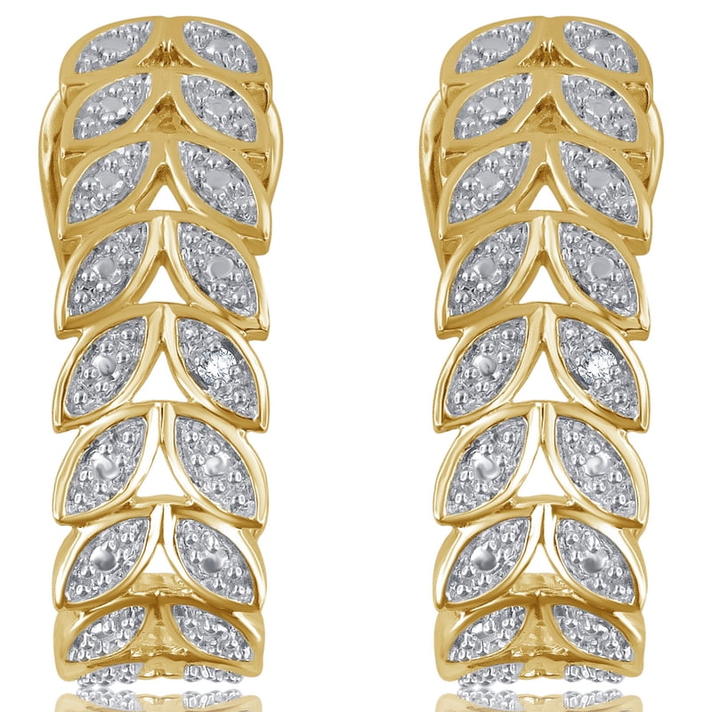 Diamond Accent Leaf Hoop Earrings 14K Yellow Gold Tone Over Brass
