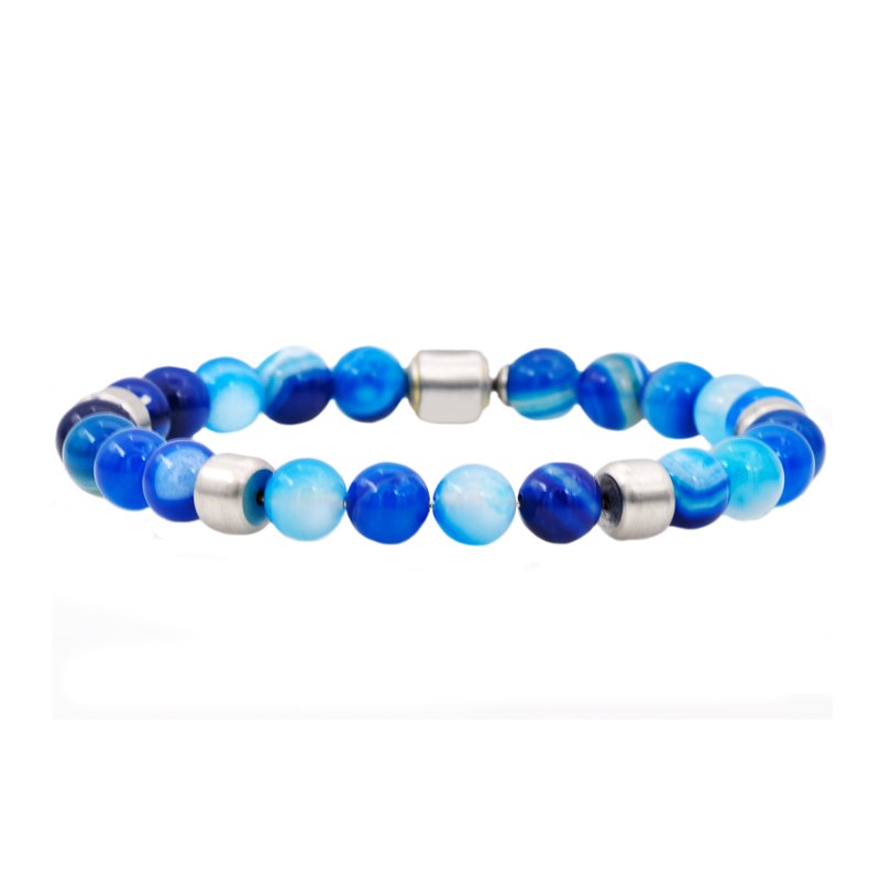 Men's Blue Agate Beaded Bracelet Stainless Steel 8 Inch Durable Jewelry