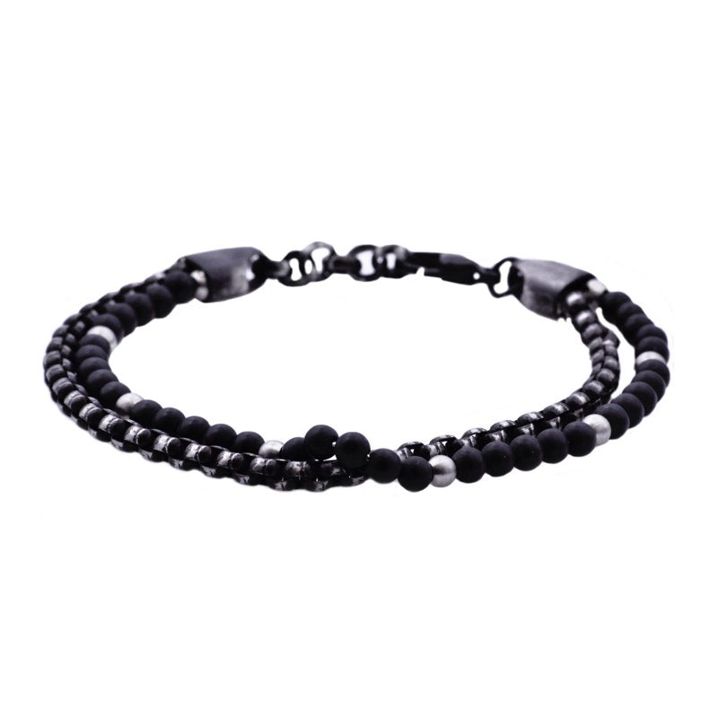 Men's Beaded Bracelet with Onyx and Stainless Steel - 8 Inch