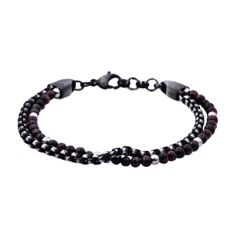 Men's Red Tiger Eye Beaded Bracelet with Black Plated Stainless Steel - 8 Inch