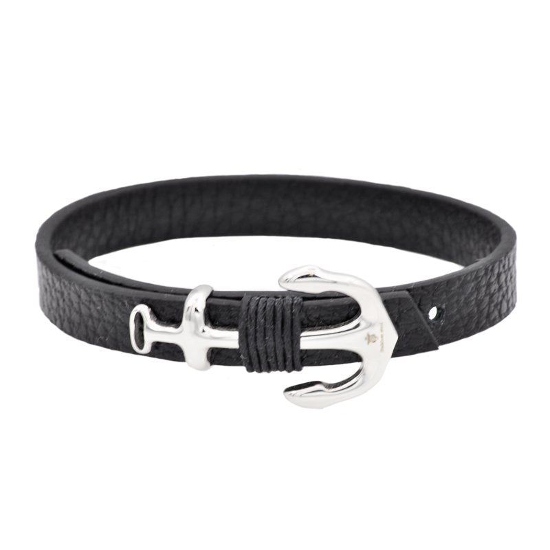 Men's Anchor Leather Bracelet with Adjustable Stainless Steel Clasp - Black, 8.5 inch