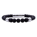 Men's Onyx Beaded Leather Bracelet - Stainless Steel Adjustable 8.5"