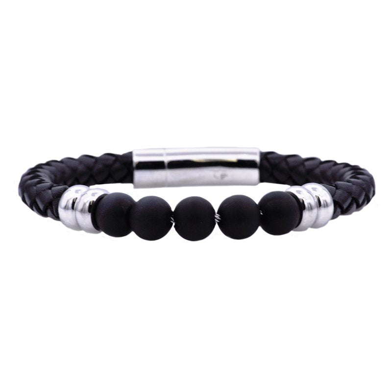 Men's Onyx Beaded Leather Bracelet - Stainless Steel Adjustable 8.5"