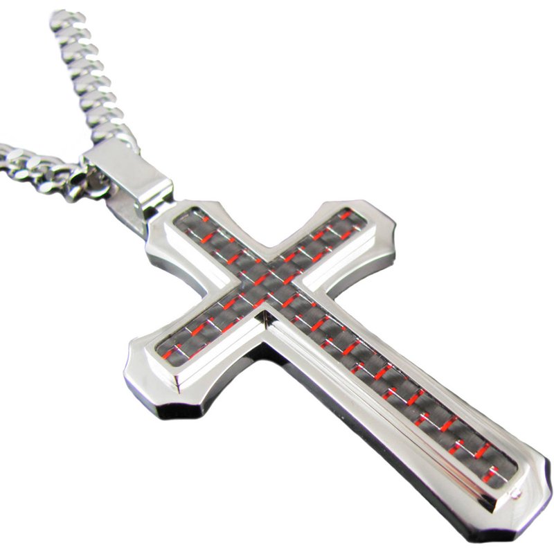 Men's Polished Stainless Steel Cross Pendant with 24-Inch Curb Chain