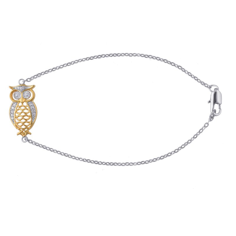 Women's Owl Charm Bracelet with Diamond Accent 7-Inch Two-Tone Brass Jewelry