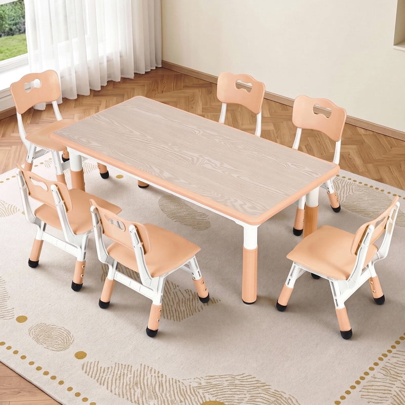 Kids Table and 6 Chairs Set with Height Adjustment and Waterproof Surface