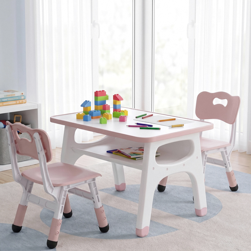 Kids Table and Chair Set with Adjustable Height and Graffiti Desktop - Pink & Yellow