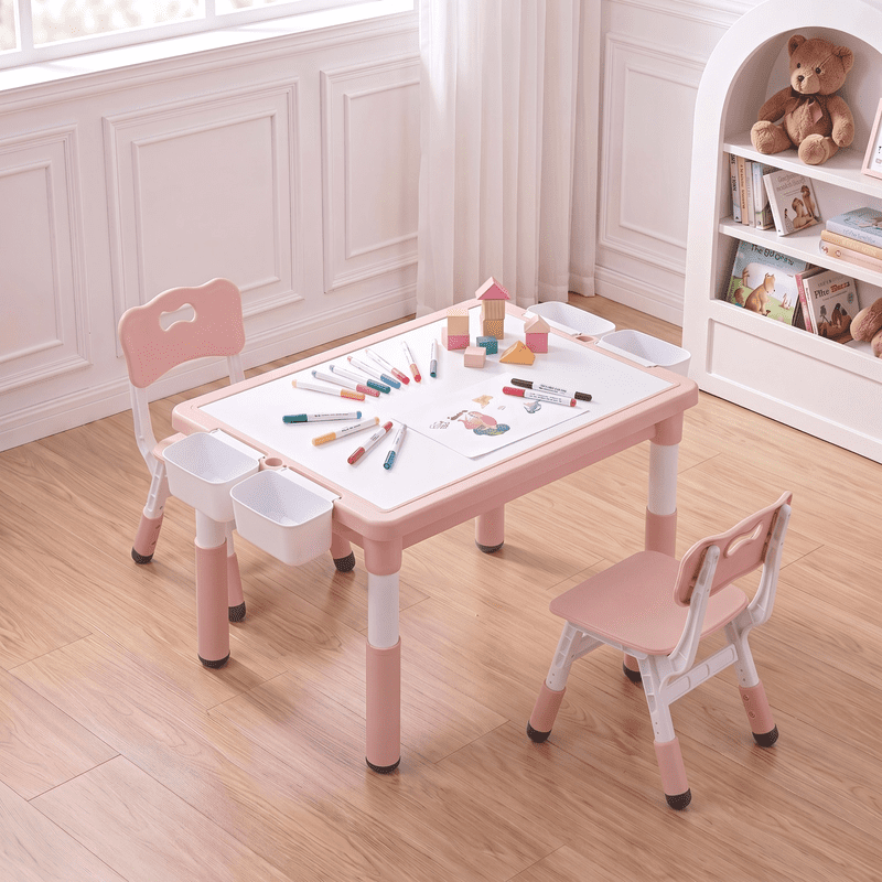 Kids Activity Table and Chair Set with Reversible Surface & Storage - Adjustable Height, Pink