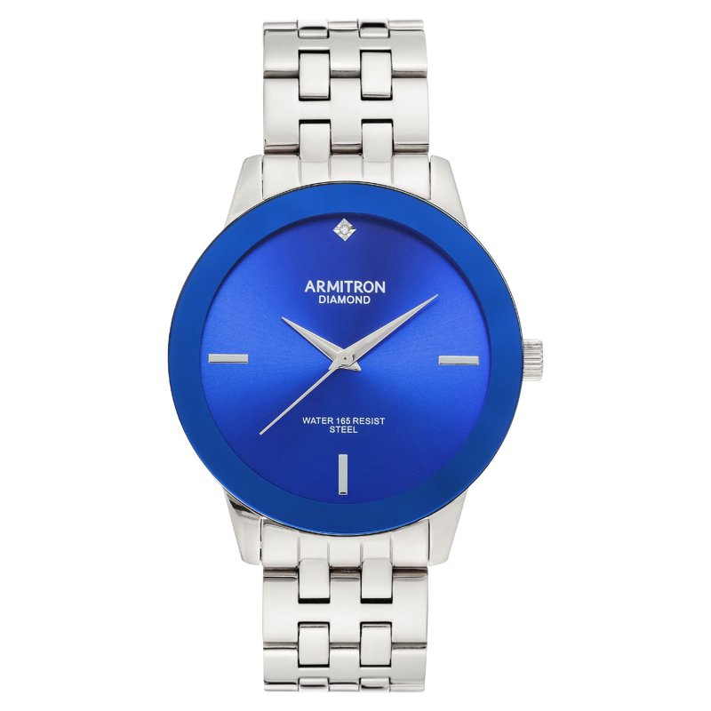 Men's Silver-Tone Wristwatch with Blue Dial and Diamond Markers