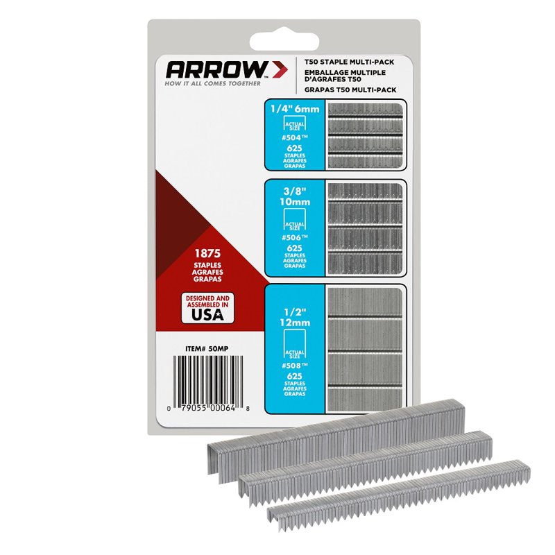 Arrow T50 Multi-Pack Heavy-Duty Staples, Sizes 1/4", 3/8", and 1/2",