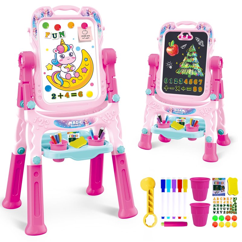 Kids Art Easel with Magnetic Whiteboard and Chalkboard - Adjustable Double-Sided Toddler Learning Toy