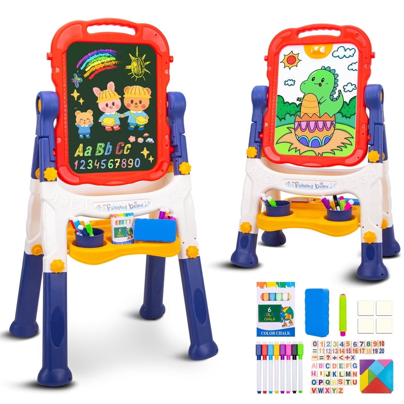 Kids Adjustable Double-Sided Art Easel with Whiteboard & Chalkboard
