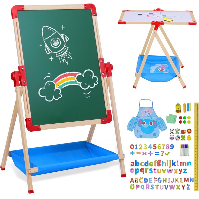Kids Art Easel with Magnetic Double-Sided Chalkboard and Accessories - Adjustable & Stable for Toddlers 2-6 Years