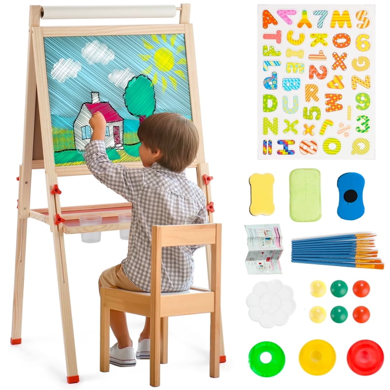 Adjustable Wooden Kids Art Easel with Paper Roll & Magnetic Whiteboard for Toddlers