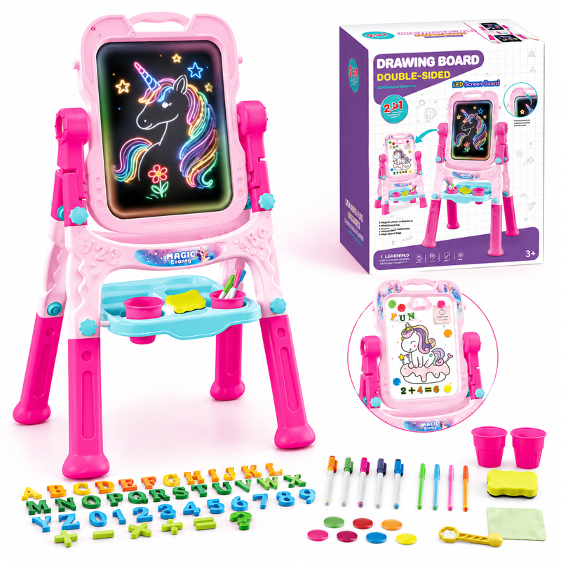 Kids Art Easel with Painting Accessories - Adjustable Double-Sided & Rotatable Pink