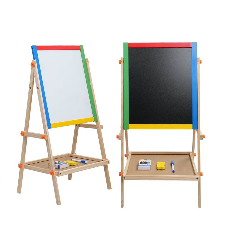 Kids Art Easel Double Sided Chalkboard & Dry Erase Board - Height Adjustable Wooden Stand