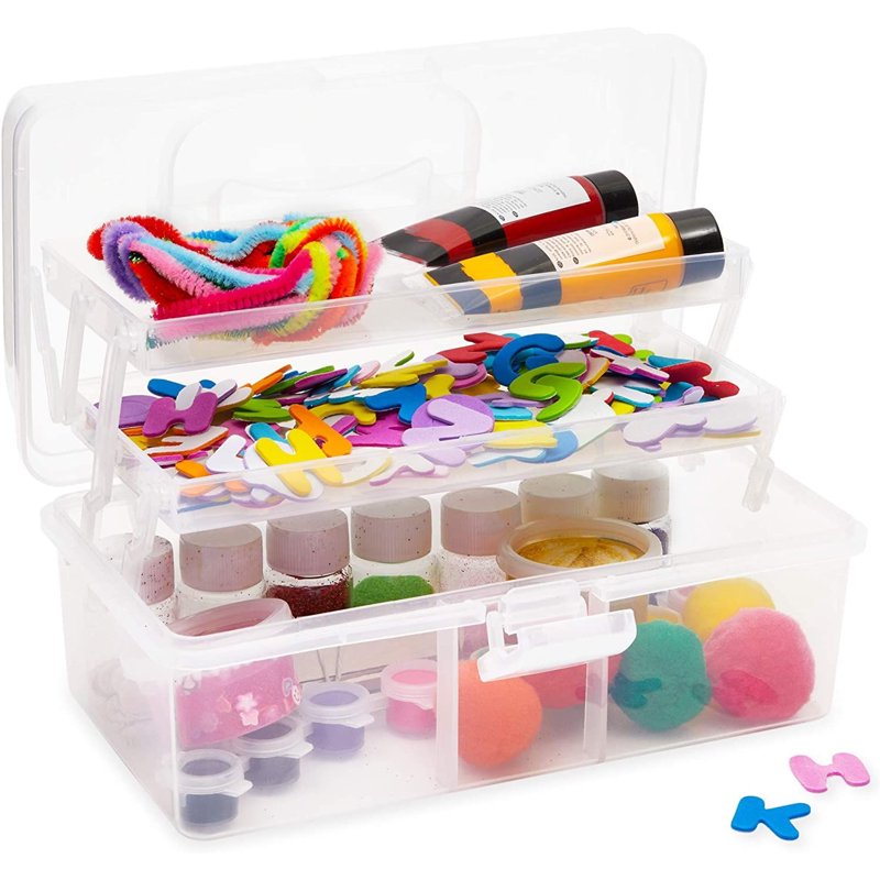 Clear Art Supply Organizer Box with 2 Removable Trays - Craft Storage Case